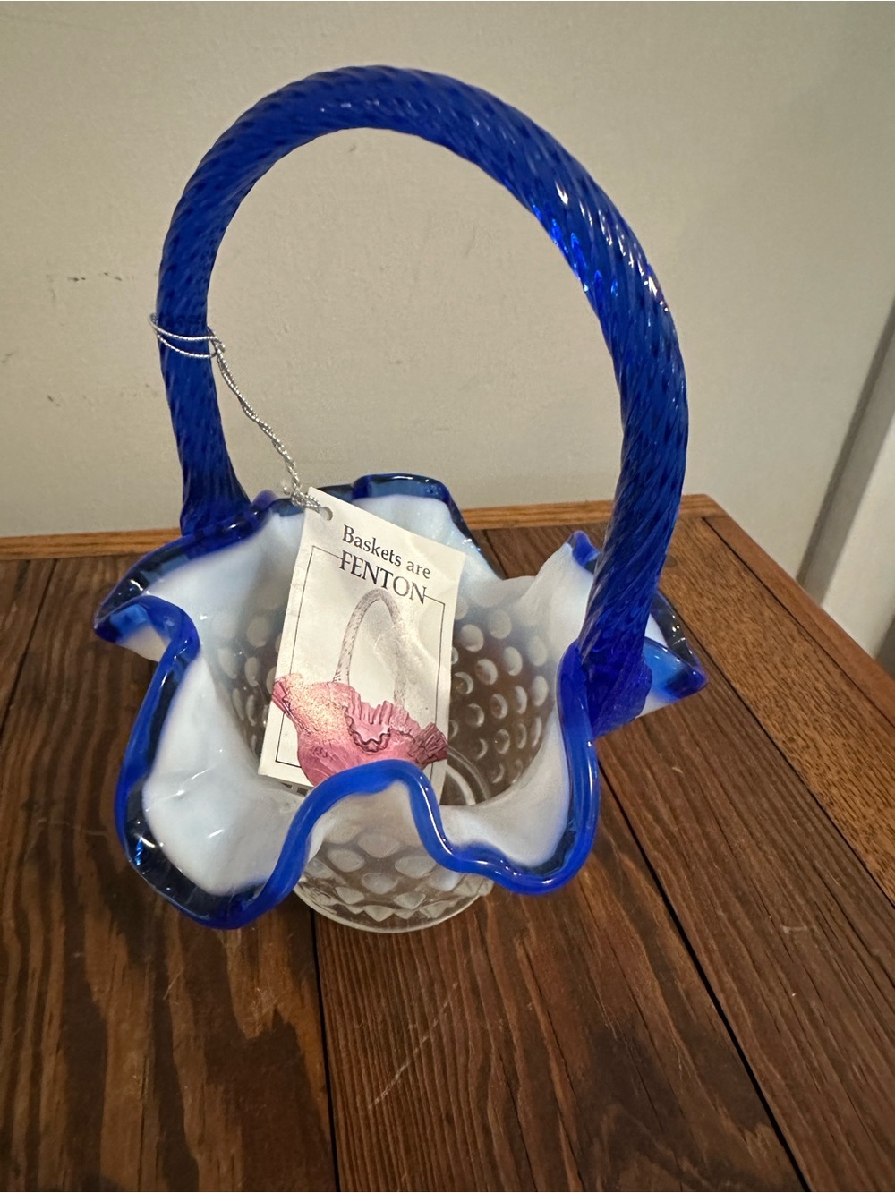 Fenton White Hobnail Glass Basket with Cobalt Blue Handle and Rim